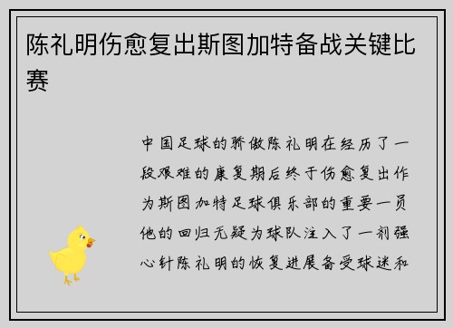 陈礼明伤愈复出斯图加特备战关键比赛